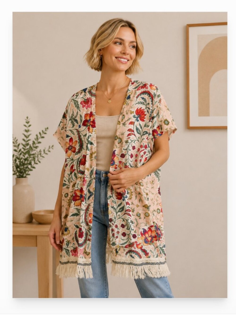 LIKE NEW Easel size L floral paisley open front fring trim kimono topper blouse
